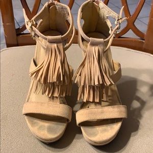 Camel/tan colored fringe wedges